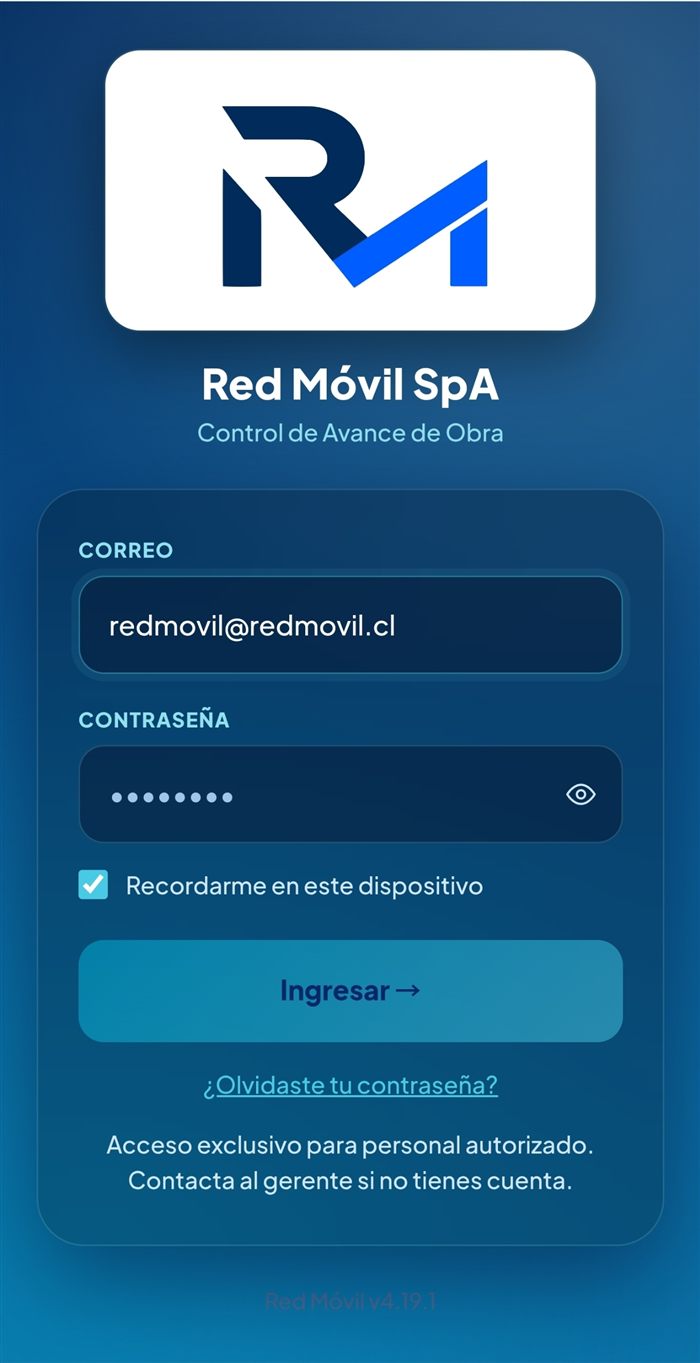 App Red Móvil — pantalla de acceso